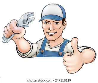 A cartoon mechanic or plumber giving a thumbs up 