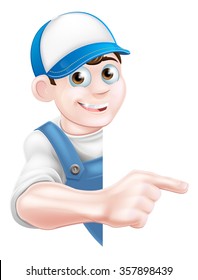 Cartoon mechanic, plumber, handyman, decorator or gardener leaning around a sign and pointing
