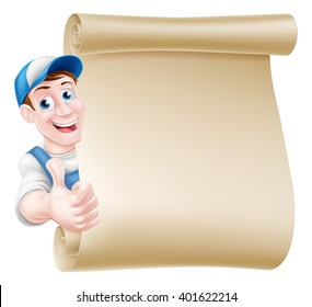Cartoon mechanic, plumber, handyman, decorator or gardener leaning around a scroll and giving a thumbs up
