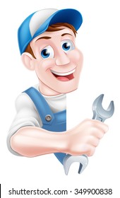 Cartoon mechanic or plumber service handyman worker man holding a spanner leaning around a sign