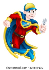 Cartoon mechanic or plumber superhero mascot holding a spanner 