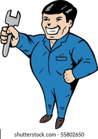 Cartoon of a mechanic, ready to fix anything.