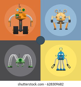 Cartoon mechanical robots set, that includes artificial intelligence machines on wheels, with three and four legs, with detectors, colorful buttons, electric lamps and antennas vector illustrations.