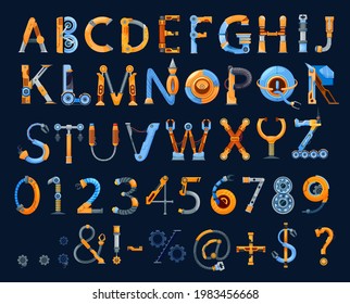 Cartoon mechanics and robots font, vector kids alphabet or type, letters, digits and punctuation marks. Abc uppercase characters made of machine or android cyborg parts, gears and wire