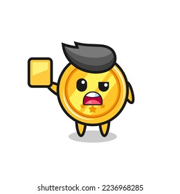 cartoon medal character as a football referee giving a yellow card , cute style design for t shirt, sticker, logo element