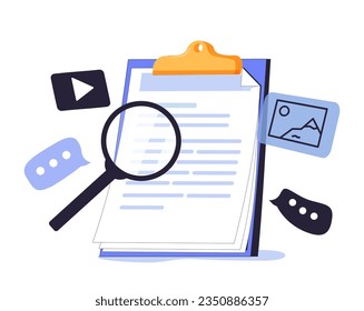 Cartoon media file document management. Searching image and video content files icon. Document management soft, document flow app, compound docs concept. Magnifying icon vector rendering illustration