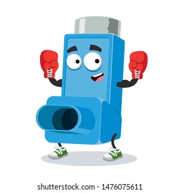 cartoon medical allergy asthma inhaler mascot in red boxing gloves on white background