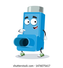 cartoon medical allergy asthma inhaler mascot showing himself on a white background