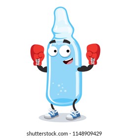 cartoon medical ampoule mascot in red boxing gloves on white background