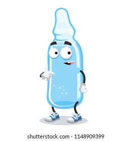 cartoon medical ampoule mascot showing himself on a white background