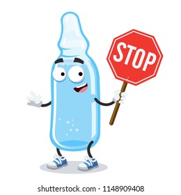 cartoon medical ampoule mascot with tablet stop in hand on white background