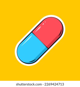 Cartoon medical capsule icon on yellow background. Oval pill with half blue and red colors. Medicine, healthcare, drug concept. Vector illustration