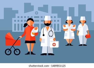 Cartoon medical characters, isolated. Baby doctor, nurse and patient, with babies in their hands. Maternity hospital building on the background. Vector illustration