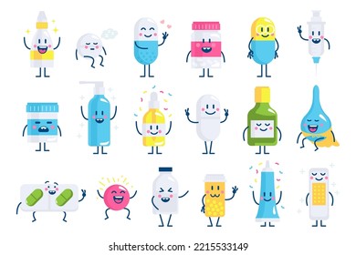 Caricatura de personajes médicos. Cortar el tubo divertido de pastillas de medicamentos, medicinas y vitaminas ondeando manos, elementos de mascota infantil aislados en fondo blanco. Ilustración vectorial plana