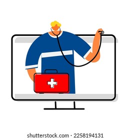 Cartoon of medical consulting via telemedicine. 