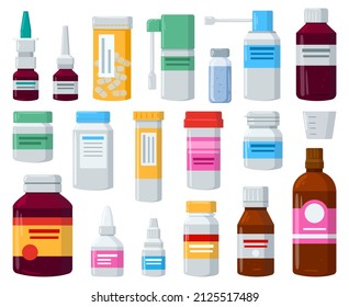 Cartoon medical drugs, pill containers or vitamin plastic bottles. Pharmaceutical containers with capsules, painkillers, vitamins vector illustration set. Medicinal bottles, healthcare items