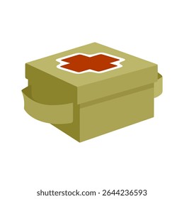 Cartoon Medical First Aid Box. Cartoon illustration of an olive green first aid box with red cross symbol on the lid. Flat isometric style, isolated on white background.