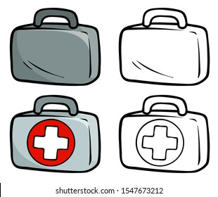 Cartoon medical first aid kit box with cross sign. Isolated on white background. Vector icon for coloring.
