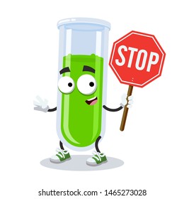 cartoon medical glass test tube mascot with tablet stop in hand on white background