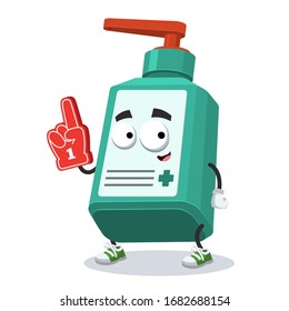 cartoon medical hand antiseptic bottle character mascot with the number 1 one sports fan hand glove on a white background