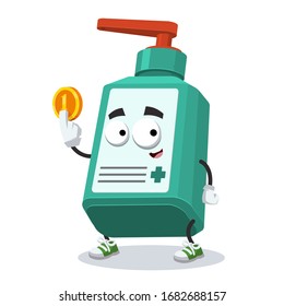 cartoon medical hand antiseptic bottle mascot keeps the coin on white background