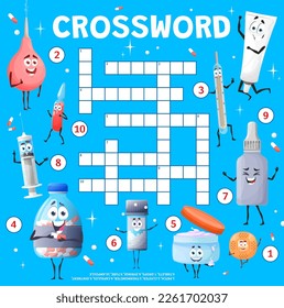 Cartoon medical instruments, pills, ointments crossword grid worksheet. Find a word quiz game. Vector quiz with cute patch, clyster, thermometer and tablet, drops, syringe, tube and capsule personages