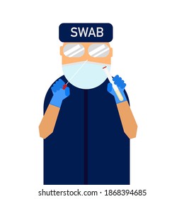 Cartoon Of The Medical Laboratory Technologist Holding A Nasal Swab. 