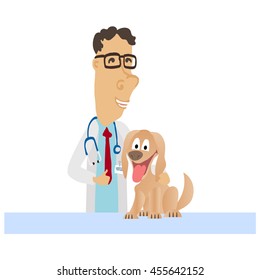 Cartoon Medical Man on white coat with dog. Vector illustration