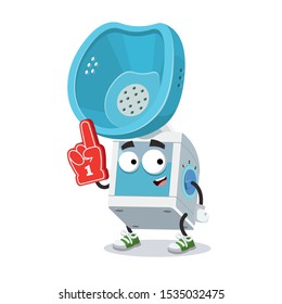 cartoon medical nebulizer steam inhaler character mascot with the number 1 one sports fan hand glove on a white background