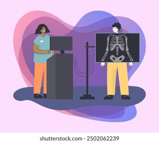 Cartoon medical person taking X-ray for patient and making diagnosis. Bones examination in clinic or hospital flat vector illustration. Radiology, scanner equipment and skeleton diagnostics concept