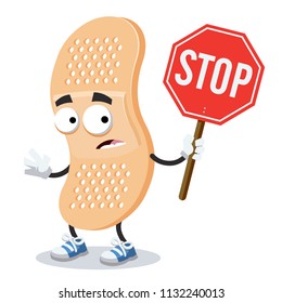 cartoon medical plaster bandage mascot with tablet stop in hand on white background