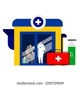 Cartoon of medical procedure care services for oxygenation support at cleaning room.
