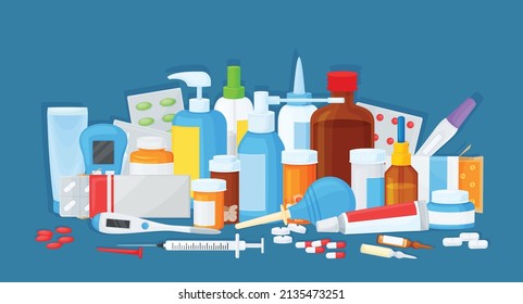 Cartoon medical products, pharmacy drugs, pills and tablets. Medicine bottles, blisters and capsules, various medications vector illustration. Remedy against illnesses, health treatment