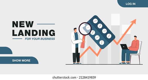 Cartoon medical professional analyzing sales of pills. Doctor looking at tablets through magnifier flat vector illustration. Pharmaceutical business, medicine concept for banner or landing web page