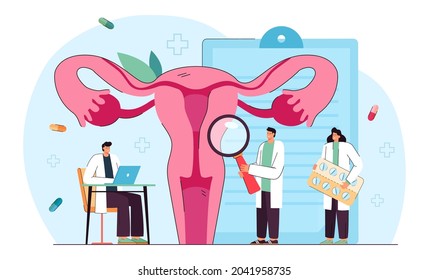 Cartoon medical professionals examining uterus. Vaginal endometriosis treatment flat vector illustration. Gynecology, infertility, health concept for banner, website design or landing web page