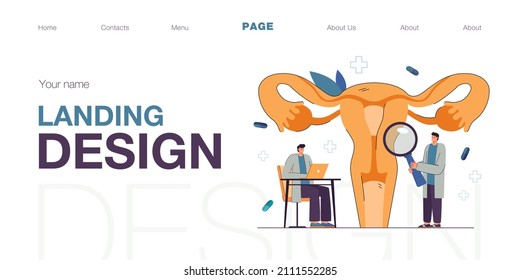 Cartoon medical professionals examining uterus. Vaginal endometriosis treatment flat vector illustration. Gynecology, infertility, health concept for banner, website design or landing web page