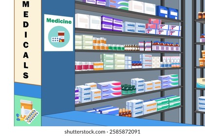 Cartoon Medical Shop Background Vector, Medical Store Illustration, Fully Arranged Medicines in shelves, Vector background