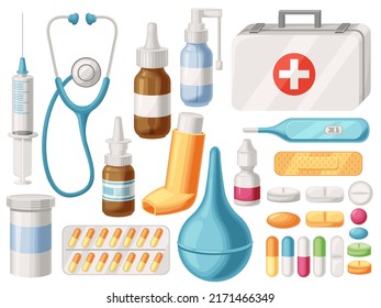 Cartoon medical supplies. First aid kit, inhaler, syringe and pharmacy drugs. Medical tools vector illustration set. Medical aid healthcare