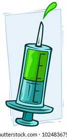 Cartoon medical syringe with needle and green vaccine drop. Vector icon.