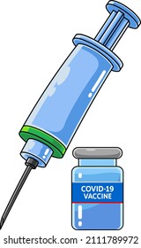 Cartoon Medical Syringe And Vaccine Bottle. Vector Hand Drawn Illustration Isolated On Transparent Background