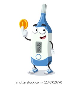 cartoon medical thermometer mascot keeps the coin on white background