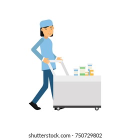 Cartoon medical worker pushing serving trolley with medicines