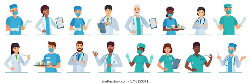 Cartoon medical workers. Doctor portrait, medical student and intern in scrubs or white coats. Male and female doctors characters vector illustration set. Students portrait in coat, intern character