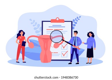 Cartoon medical workers examining uterus with magnifier. Flat vector illustration. Metaphor of treating endometriosis, infertility, vaginal illnesses. Medicine, woman healthcare, gynecology concept