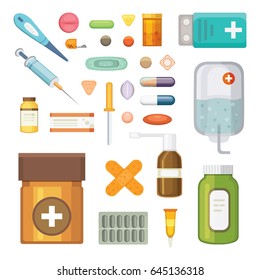 Cartoon medicaments. Different medical pills and bottles, healthcare and shopping, pharmacy, drug store. Vector illustration in flat style