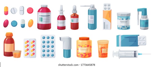 Cartoon medications. Medical drugs, tablets, capsules and prescription bottles. Blisters, syringe and painkiller drug vector pharmacy set. Health care and medical cure, illness treatment