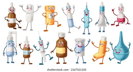 Cartoon medicinals characters. Pills bottle mascot, surprised medical syringe and happy medications. Cute pharmaceutical tablets. Vector medicine pill character, capsule mascot illustration