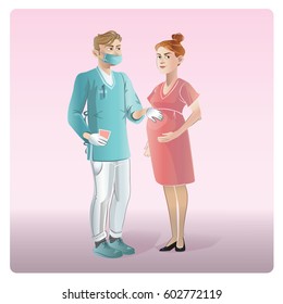 Cartoon medicine design concept with pregnant woman visiting gynecologist for examination isolated vector illustration