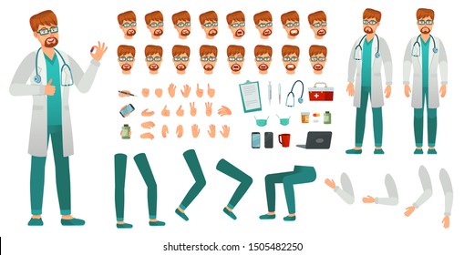Cartoon medicine doctor creation kit. Medical man, healthcare medic and male doctor character constructor. Professional hospital dentist doctors construction. Isolated vector icons set