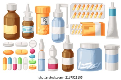 Cartoon medicine. Drug bottles, pharmacy tablets and pills. Sprays, vial drops and ampoule. Pharmaceutic vector illustration set. Bottle pharmacy medicine drug collection